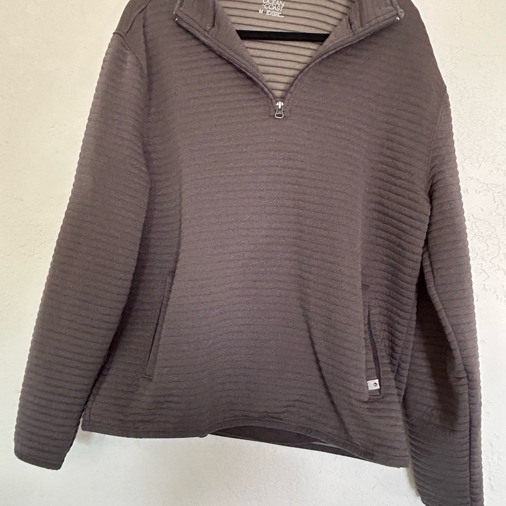 Gray Textured Zip Up Sweater with Stand-Up Collar